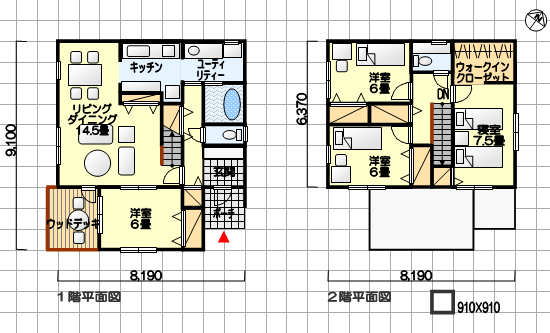 住みやすい家の間取り　ウッドデッキ付　南玄関　４ＬＤＫ　３５坪の間取り例