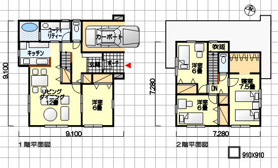 使いやすい家の間取り　カーポート付　東玄関　４ＬＤＫ　３６坪の間取り例