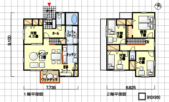 坪数は小さいが部屋数の多い間取り　家事コーナー付　北玄関　５ＬＤＫ　３５坪の間取り例