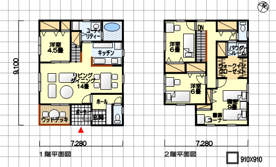 寝室重視の間取り　書斎、パウダールーム付　南玄関　４ＬＤＫ　３６坪の間取り例