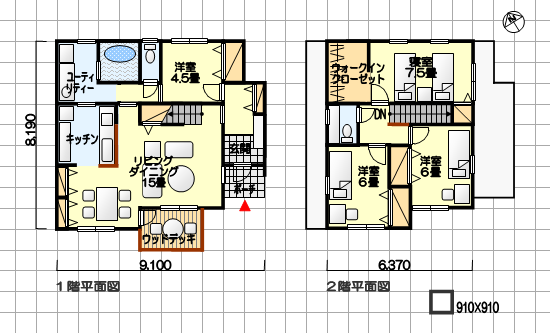 明るいダイニング　ウッドデッキ付　南玄関　４ＬＤＫ　３４坪の間取り例