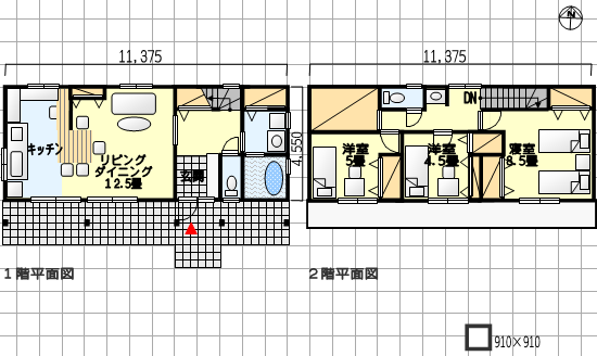 横長の狭小間取り、広々とした使いやすいキッチン- 南玄関、3ＬＤＫ、31坪