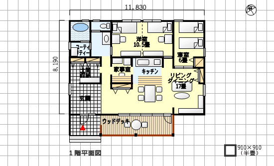 動きやすい間取り - 広い玄関、ウッドデッキ、家事室、土間床収納あり - 平屋、南玄関、2・3ＬＤＫ、30坪