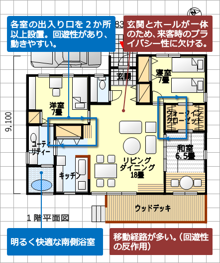 南側浴室、ゆとりのリビング、回れる間取り - 平屋、北玄関、3ＬＤＫ、29坪　１階平面図　長所・短所