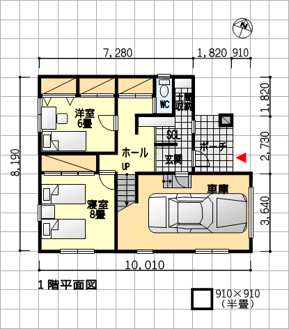 開放的な段差付きリビングの間取り、スタディコーナー、組込み車庫付き - 東玄関 ４ＬＤＫ ４３坪　１階平面図