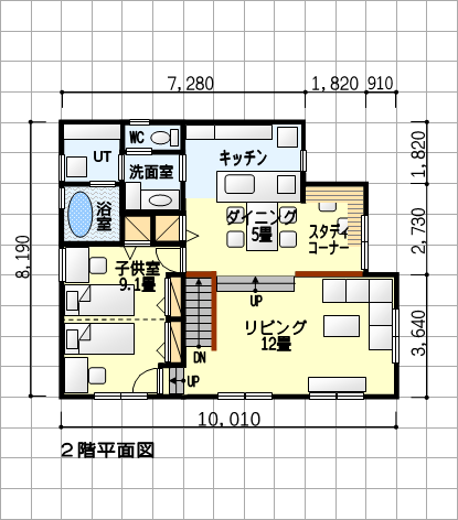 開放的な段差付きリビングの間取り、スタディコーナー、組込み車庫付き - 東玄関 ４ＬＤＫ ４３坪　２階平面図