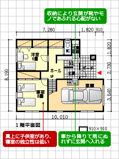 開放的な段差付きリビングの間取り、スタディコーナー、組込み車庫付き - 東玄関 ４ＬＤＫ ４３坪　１階平面図