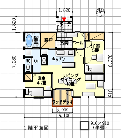 動きやすく家事のしやすい間取り –坪数を抑えた介護向きプラン - 平屋、北玄関、2ＬＤＫ、19坪　１階平面図