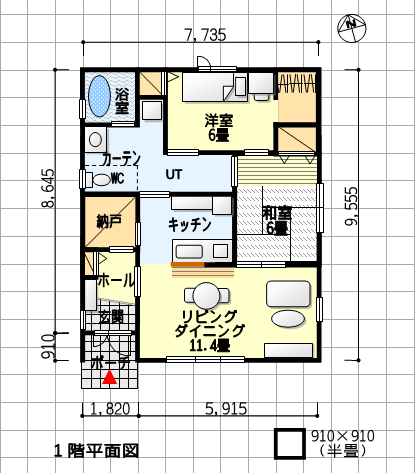 互いの気配が感じられる夫婦別寝室の平屋の間取り–南玄関、2ＬＤＫ、21坪　１階平面図