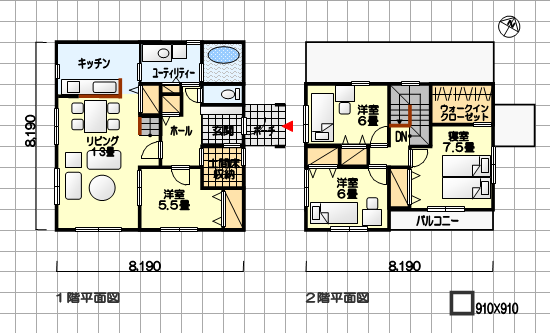 寝室の独立性が高い間取り　バルコニー、土間床収納付　東玄関　４ＬＤＫ　３４坪の間取り例