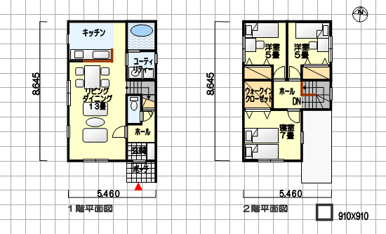 小さい間取り　間口が狭い２階建て　南玄関　３ＬＤＫ　２７坪の間取り例