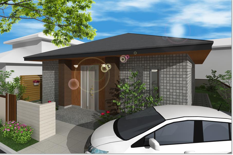 平屋建て 24坪 2LDK 北玄関 広いウッドデッキで緑を楽しむ間取り（3D）解説
