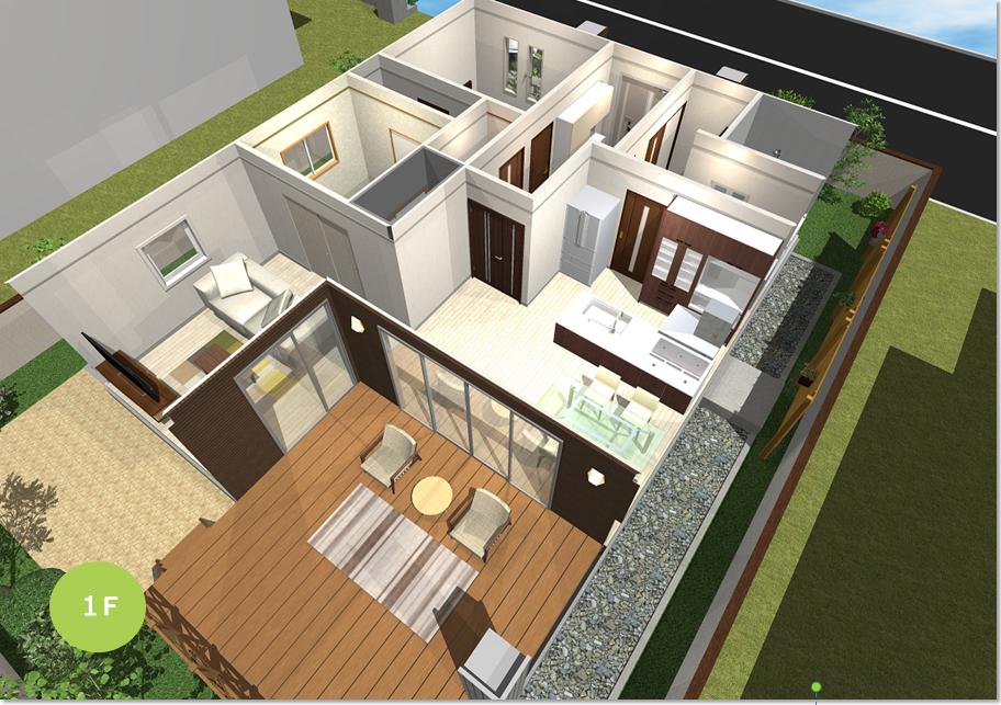 平屋建て 24坪 2ldk 北玄関 広いウッドデッキで緑を楽しむ間取り 3d 解説 住みやすい間取りのヒント