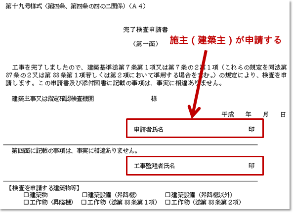 工事完了検査申請書（第一面）は施主（建築主）が申請する