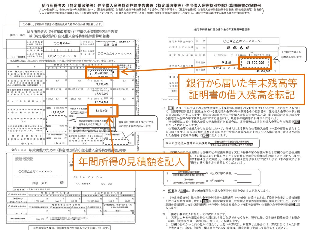 年末調整のための住宅借入金等特別控除証明書・給与所得者の住宅借入金等特別控除申告書記入例